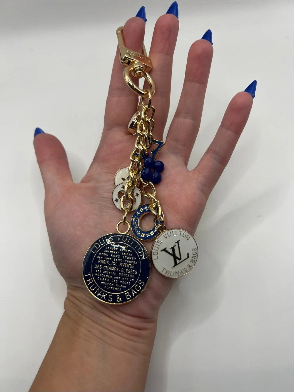1445. Gold Tone with Navy & White Charm Keychain